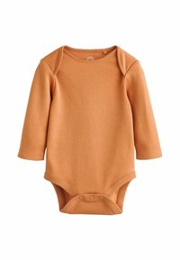 Langærmet babybodystocking i en varm orange farve, lavet af blødt stof med trykknapper nederst og en rund halsudskæring.