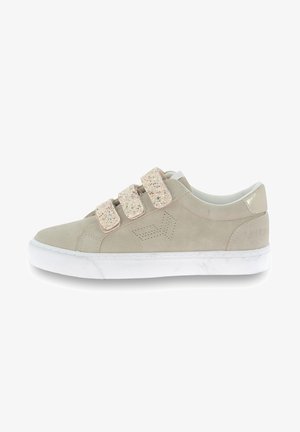 Beige suede sneaker with a white rubber outsole, three sparkly Velcro straps, and perforated accents on the side. Soft interior lining.