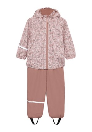 Wasserdichter Kinder-Regenanzug mit pinkfarbener, geblümter Kapuzenjacke und einfarbiger Hose in staubigem Rosa, reflektierende Streifen an Arm und Bein, elastische Bündchen.
