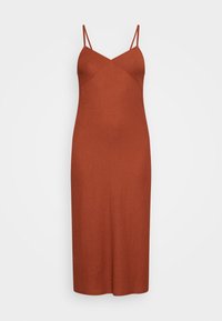 Ruostevärinen midimekko, jossa on ohuet säädettävät spagettihihnat, istuva malli ja ribbineulos, joka korostaa yksinkertaista ja tyylikästä siluettia.