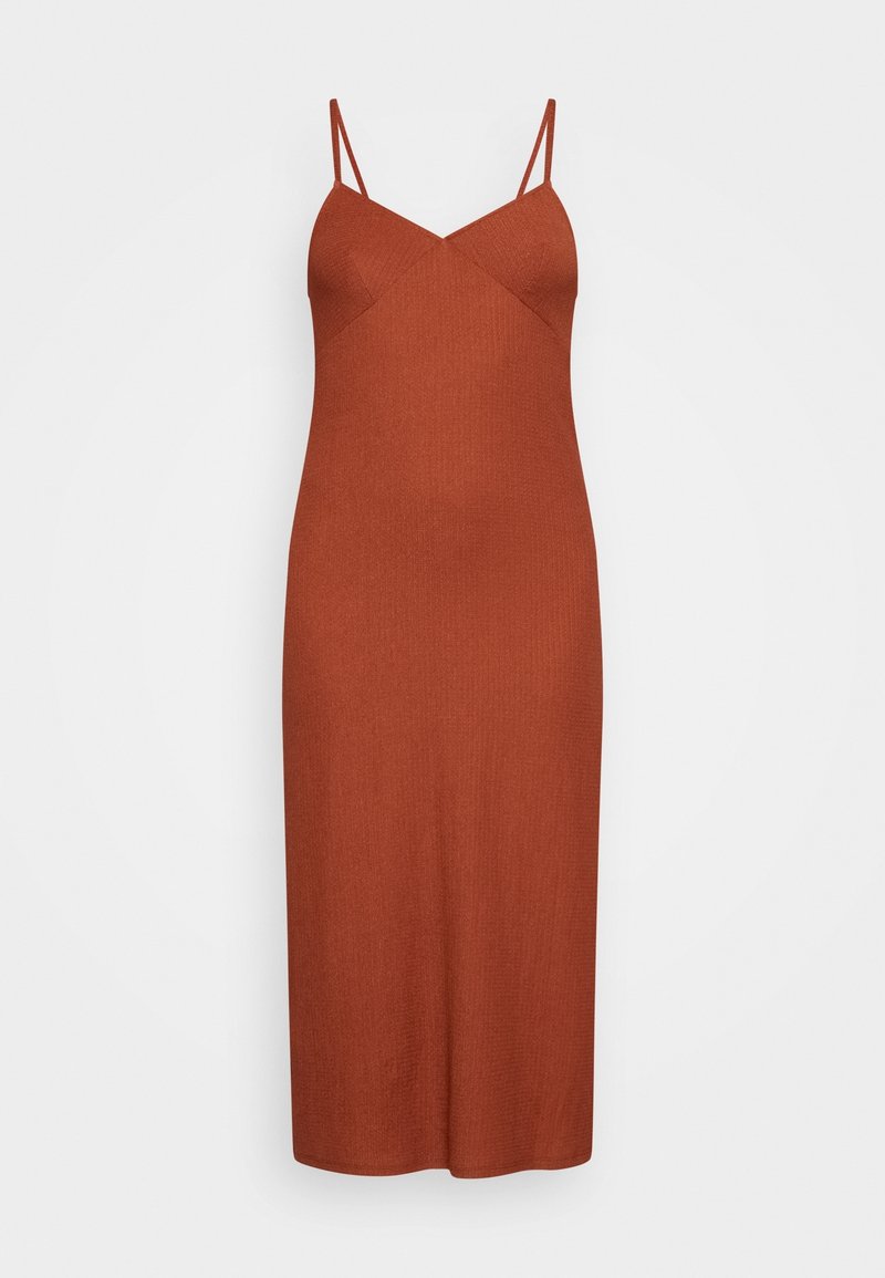 Ruostevärinen midimekko, jossa on ohuet säädettävät spagettihihnat, istuva malli ja ribbineulos, joka korostaa yksinkertaista ja tyylikästä siluettia.