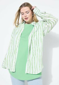 Camicia a righe verde chiaro e bianca con bottoni sopra una t-shirt verde uni, abbinata a jeans azzurri chiari decorati con piccoli embellishments.