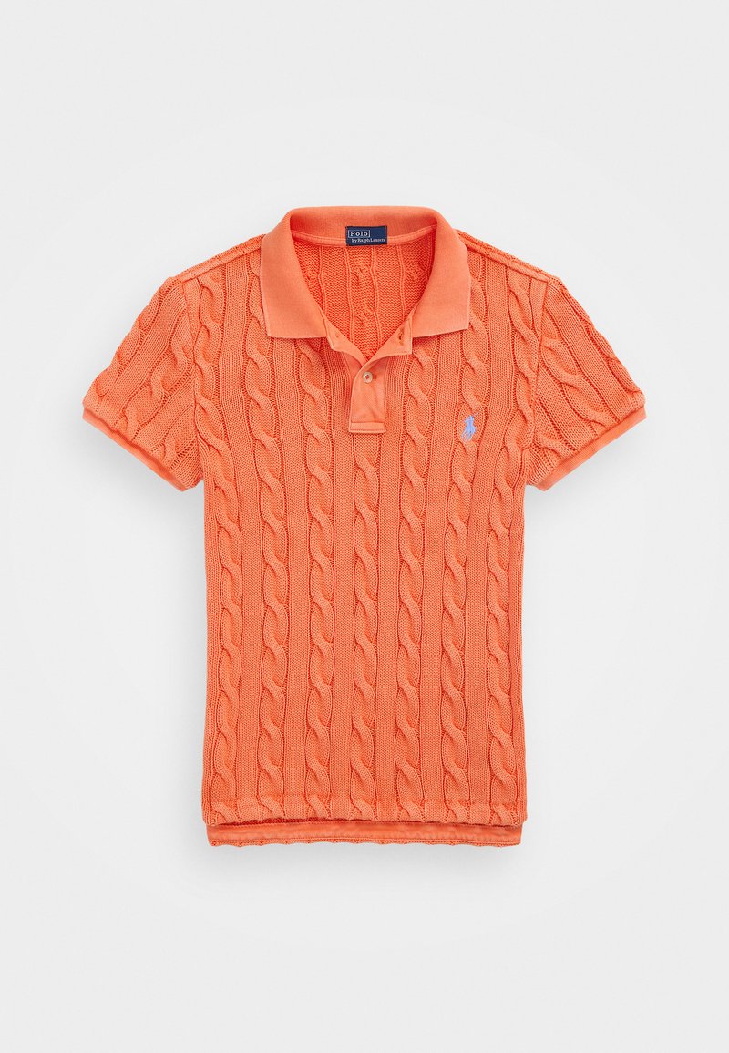 Orange knitted polo shirt featuring a cable pattern, short sleeves, and a soft collar. Small blue logo on the left chest.