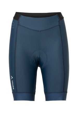 Marineblaue Radsportshorts aus dehnbarem Material, ausgestattet mit einem gepolsterten Einsatz, Flachnähten und einem schwarzen Elastikbund.