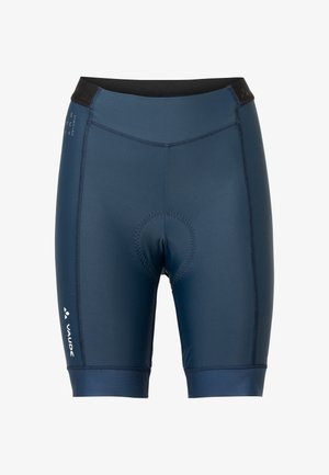 Marineblaue Radsportshorts aus dehnbarem Material, ausgestattet mit einem gepolsterten Einsatz, Flachnähten und einem schwarzen Elastikbund.