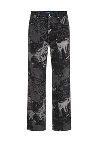 Μαύρο τζιν παντελόνι με σχέδιο γκράφιτι σε αποχρώσεις του γκρι. Σχεδίαση ίσιας γραμμής με κλασική πέντε τσέπες και μεταλλικά στοιχεία.