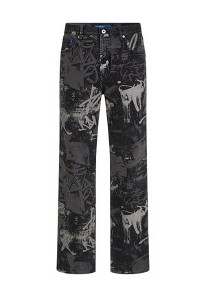 Melnie denimi bikses ar grafiti stila rakstu pelēkos toņos. Taisna kāju dizains ar klasisku piecu kabatu struktūru un metāla detaļām.