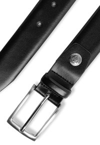 Schwarzer Leder-Gürtel mit glatter Textur. Verfügt über eine silberne rechteckige Schnalle und metallische Akzentdetails. Einstelllöcher sind vorhanden.