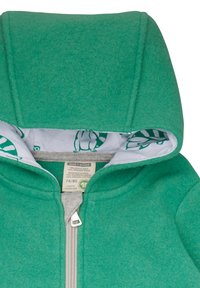 Felpa con cappuccio verde in pile con colletto grigio e fodera interna decorata da grafiche di procioni. Chiusura frontale con zip e tag visibile.