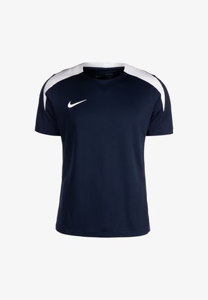 Navy blue athletic t-shirt made of lightweight material, featuring a round neckline and white accents on the shoulders. Nike logo in white.
