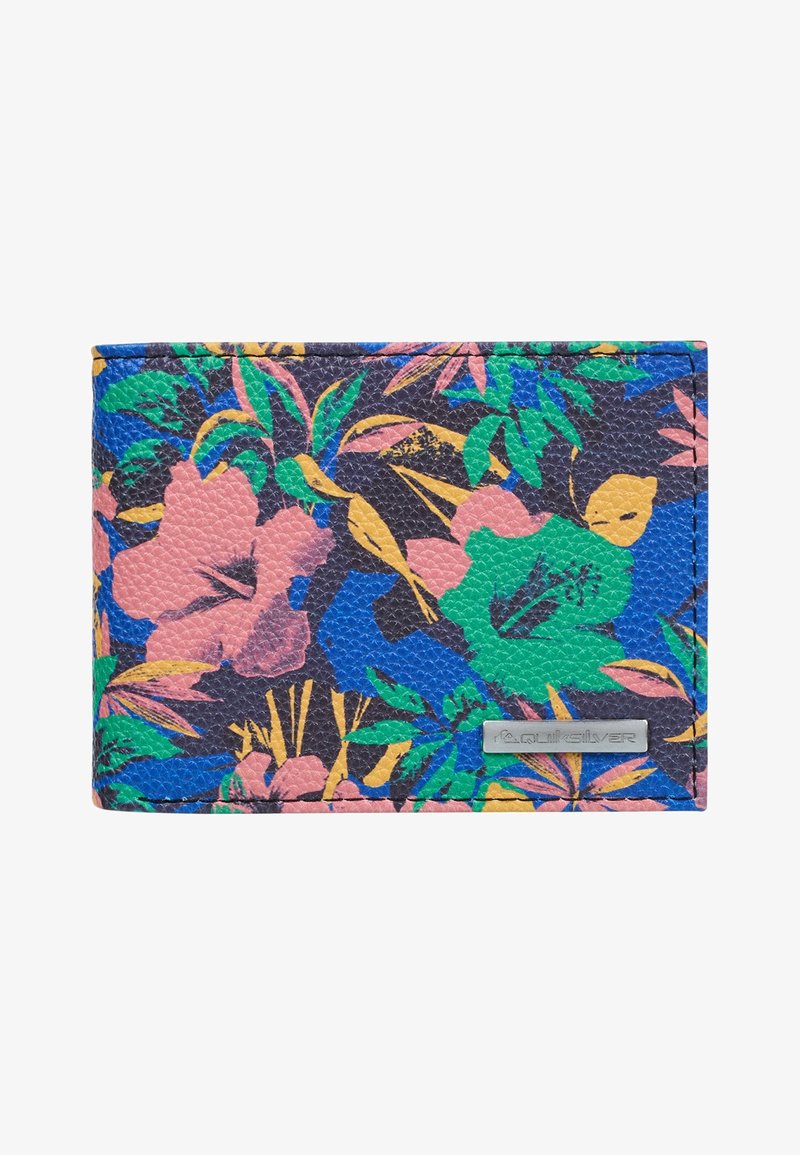 Portefeuille rectangulaire à surface texturée avec un motif floral multicolore en tons de bleu, vert, rose, jaune et noir.