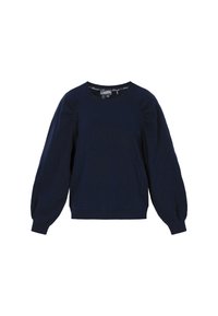 Felpa blu navy con maniche lunghe a sbuffo, scollatura rotonda e orlo a coste. Realizzata in morbido cotone con dettagli arricciati sulle spalle.