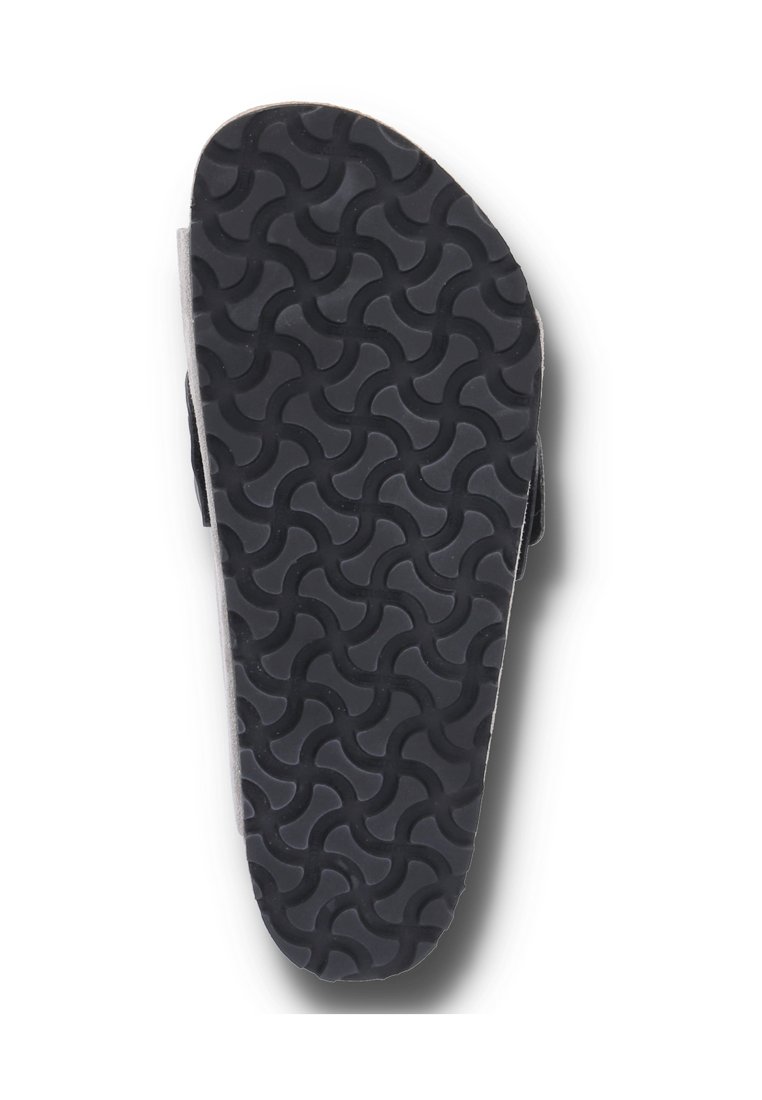 Schwarze Gummisandalensohle mit wavy-Muster. Abgerundete Kanten und eine dicke, strukturierte Oberfläche, die für Grip und Komfort ausgelegt ist.