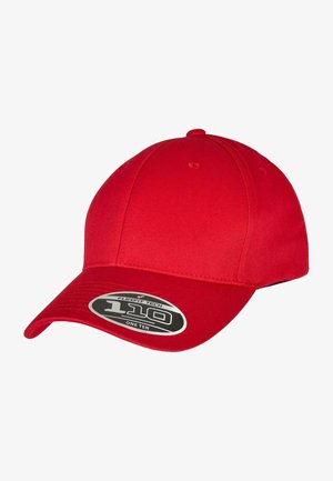 Red baseball cap made of fabric with a structured design. Features a pre-curved brim and a sticker label reading "Flexfit Tech 110."