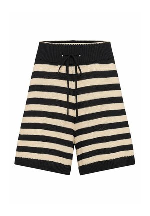 Zwart-beige, horizontaal gestreepte gebreide korte broek met geribde tailleband en trekkoord aan de voorkant.