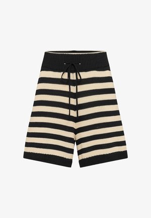 Zwart-beige, horizontaal gestreepte gebreide korte broek met geribde tailleband en trekkoord aan de voorkant.