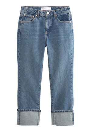 Niebieskie jeansy girlfriend z podwyższonym stanem, mankietami, zapięciem na guzik i suwakiem z przodu oraz kieszeniami z przodu i z tyłu, rozmiar 8.