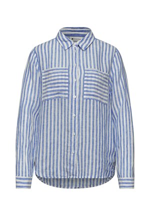 Chemise à manches longues boutonnée avec des rayures verticales bleues et blanches et deux poches poitrine à rayures horizontales, col, et ourlet arrondi.