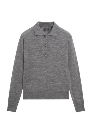 Szara koszulka polo z długim rękawem, z plisą na guziki, płaskim kołnierzykiem i ściągaczem na dole. Wykonana z teksturowanej tkaniny o delikatnym połysku.