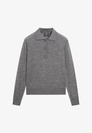 Szara koszulka polo z długim rękawem, z plisą na guziki, płaskim kołnierzykiem i ściągaczem na dole. Wykonana z teksturowanej tkaniny o delikatnym połysku.