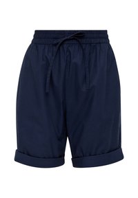 Shorts décontractés bleu marine avec taille élastique, cordon de serrage ajustable et ourlets repliés, présentés sur un fond blanc.