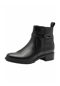 Botín negro de cuero hasta el tobillo con una textura suave, puntera redondeada, tacón corto en bloque y una correa decorativa con detalle de hebilla ajustable.