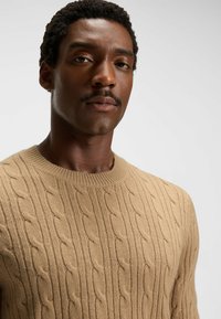 Beige Kabelstrickpullover mit rundem Halsausschnitt und strukturiertem Muster. Der Stoff wirkt weich und eng gewebt und hebt die Designdetails hervor.