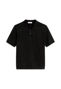 Czarna koszulka polo z krótkim rękawem, wykonana z teksturowanej dzianiny, z kołnierzykiem, trzema guzikami przy zapięciu i ściągaczami u dołu.