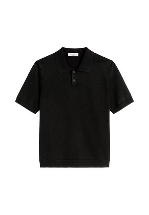 Czarna koszulka polo z krótkim rękawem, wykonana z teksturowanej dzianiny, z kołnierzykiem, trzema guzikami przy zapięciu i ściągaczami u dołu.