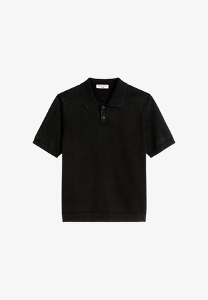 Czarna koszulka polo z krótkim rękawem, wykonana z teksturowanej dzianiny, z kołnierzykiem, trzema guzikami przy zapięciu i ściągaczami u dołu.