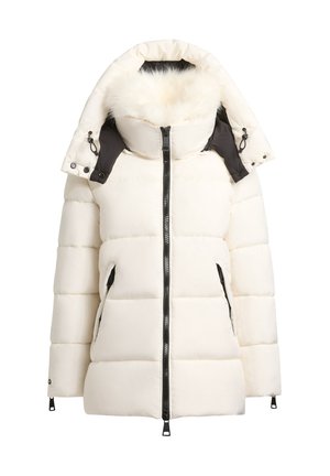Bílá péřová bunda s černým límcem. Obsahuje kapuci s kožešinovou podšívkou, zapínání na zip a boční kapsy. prošívaný design s hladkou texturou.
