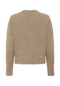 Pull en tricot beige à manches longues, encolure ronde et texture douce. Le dos présente un design simple et uni, sans embellissements.