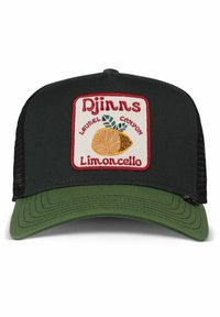 Schwarze Kappe mit grünem Schirm, ausgestattet mit einem gestickten Patch mit einer Zitrone und dem Text "Djinns Laurel Canyon Limoncello." Netzrücken für Atmungsaktivität.