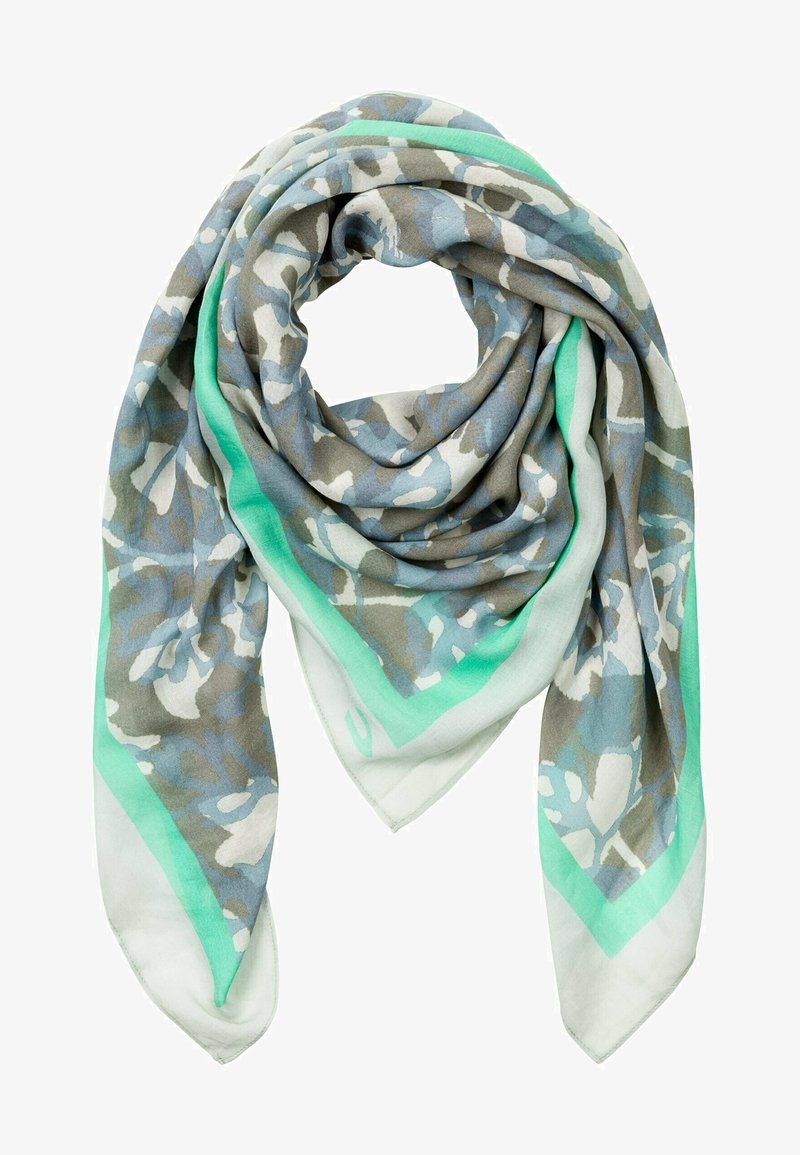 Lettet blomsteret tørklæde med blå, grå og hvide mønstre, kantet med en mintgrøn farve. Blød tekstur i rektangulær form.