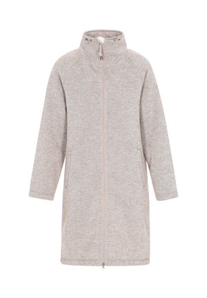 Cappotto in pile beige con zip completa, colletto alto, dettaglio con coulisse, maniche lunghe e tasche laterali per il freddo.