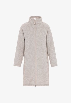 Beige Fleece-Mantel mit durchgehendem Reißverschluss, hohem Kragen, Kordelzug-Details, langen Ärmeln und Seitentaschen für kaltes Wetter.