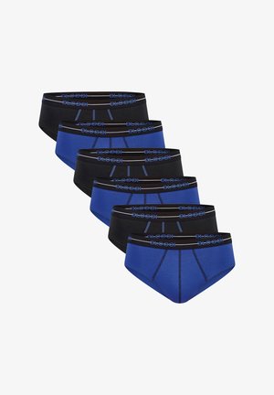 Sechs Herren-Slips in abwechselnden Schwarz- und Blautönen, jeweils mit einem schwarzen Bund, der mit "Sloggi" in Blau gebrandet ist.