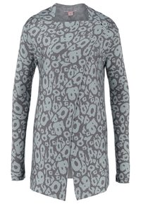 Šedý svetr s leopardím potiskem v světle modré barvě. Vyrobený z pleteniny, má jedinečný asymetrický design a akcent v podobě knoflíku.