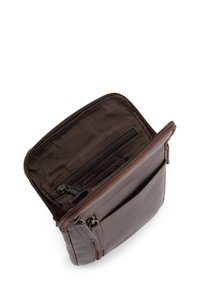 Bruine leren tas met een ritssluiting aan de bovenkant, voorzien van een binnenzak met rits en voorste vakken voor kaarten. Gladde textuur, rechthoekige vorm.