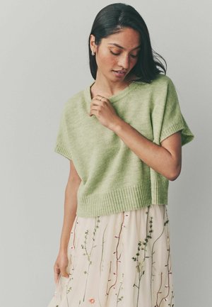 Pull en tricot coupe courte vert clair à manches courtes, avec un ourlet côtelé. Le modèle le porte sur une jupe crème ornée de broderies florales.