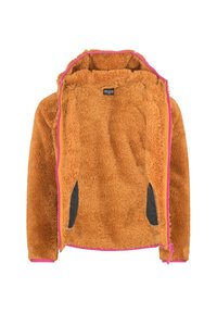 Fleece jacket in warm orange with a textured surface, pink zipper, and contrasting black side pockets. Hooded design with a relaxed fit.