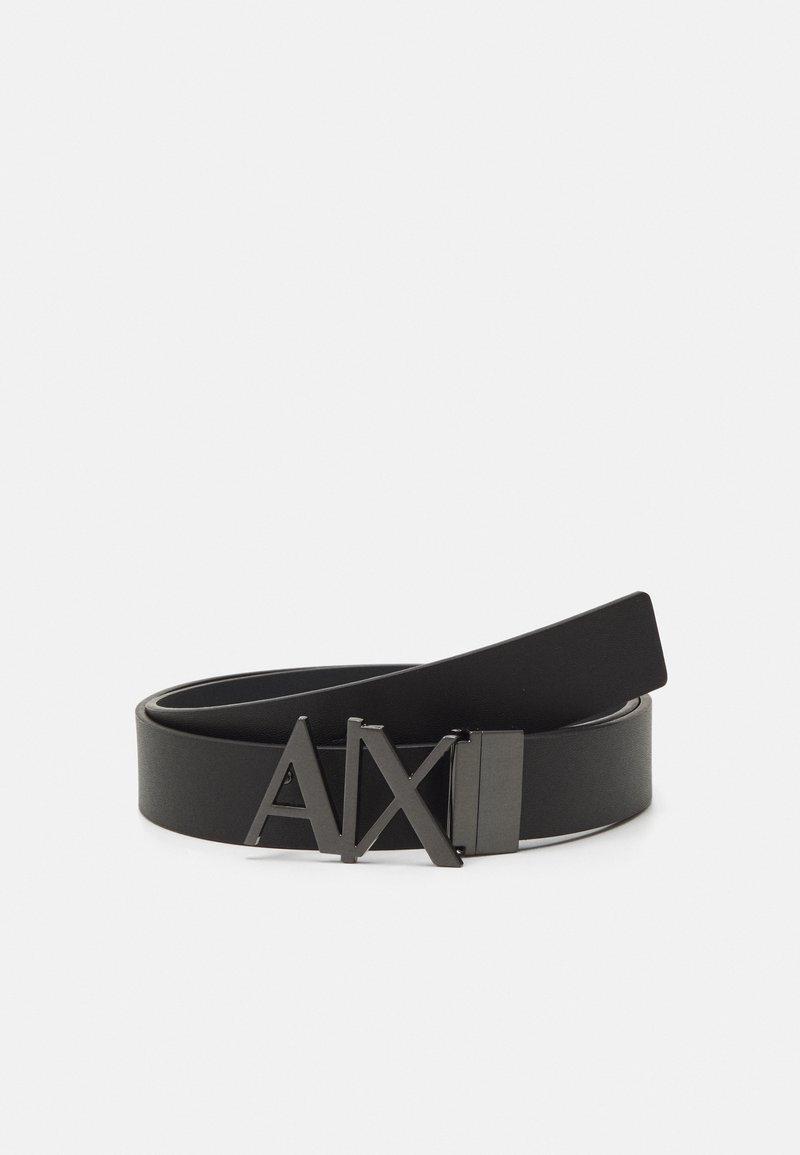 Black leather belt with a matte finish, featuring a large, bold "AX" logo buckle. Smooth texture and sleek design.