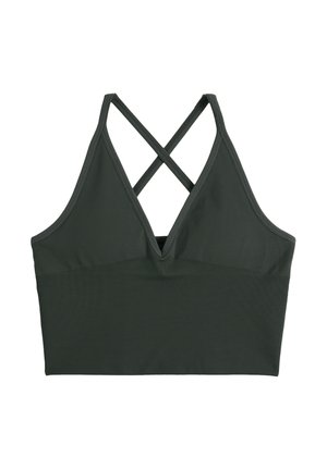 Donkergroene geribbelde sportbeha met V-hals en gekruiste bandjes aan de achterkant, ontworpen voor sportkleding.