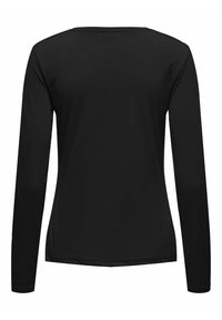 Camisa negra de manga larga hecha de tela suave. Presenta un escote redondo y una silueta ajustada; lisa, sin patrones ni acentos.