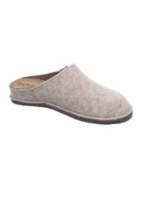 Filz Hausschuh in hellem Beige mit weicher Textur, abgerundeter Zehe und schwarzer Laufsohle, mit einem subtilen Nähdetail.