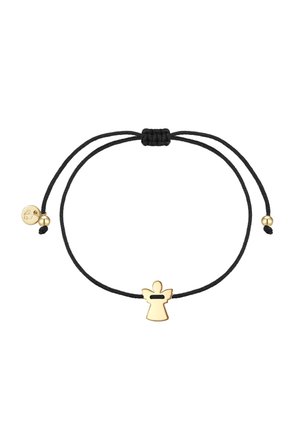 Schwarzes, verstellbares Kordelarmband mit kleinem goldfarbenem Engelsanhänger und goldfarbenen Perlendetails an beiden Enden der Kordel.