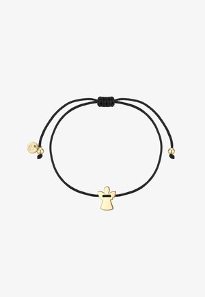 Black adjustable cord bracelet with a small gold angel charm and gold bead accents on each end of the cord.