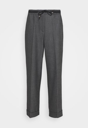 Dunkelgraue, maßgeschneiderte Hose mit elastischem Bund und schwarzem Kordelzug, mit aufgeschlagenen Säumen und vorderer Bügelfalte.