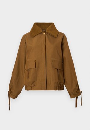 Veste marron avec un col en velours côtelé, manches longues, poignets élastiques et deux poches avant. Comprend des cordons de serrage pour un ajustement réglable.