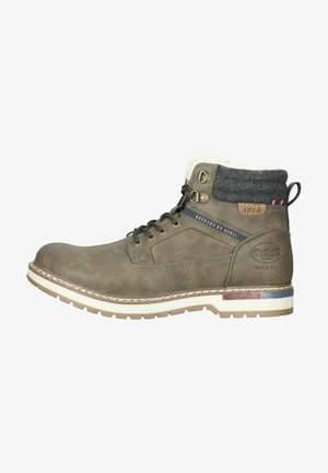 Braune Leder-Ankle-Boots mit grauem Stoffkragen, Gummisohle, Schnürdesign und gesteppten Details. Verfügt über Markenkennzeichnung und farbenfrohe Akzente.